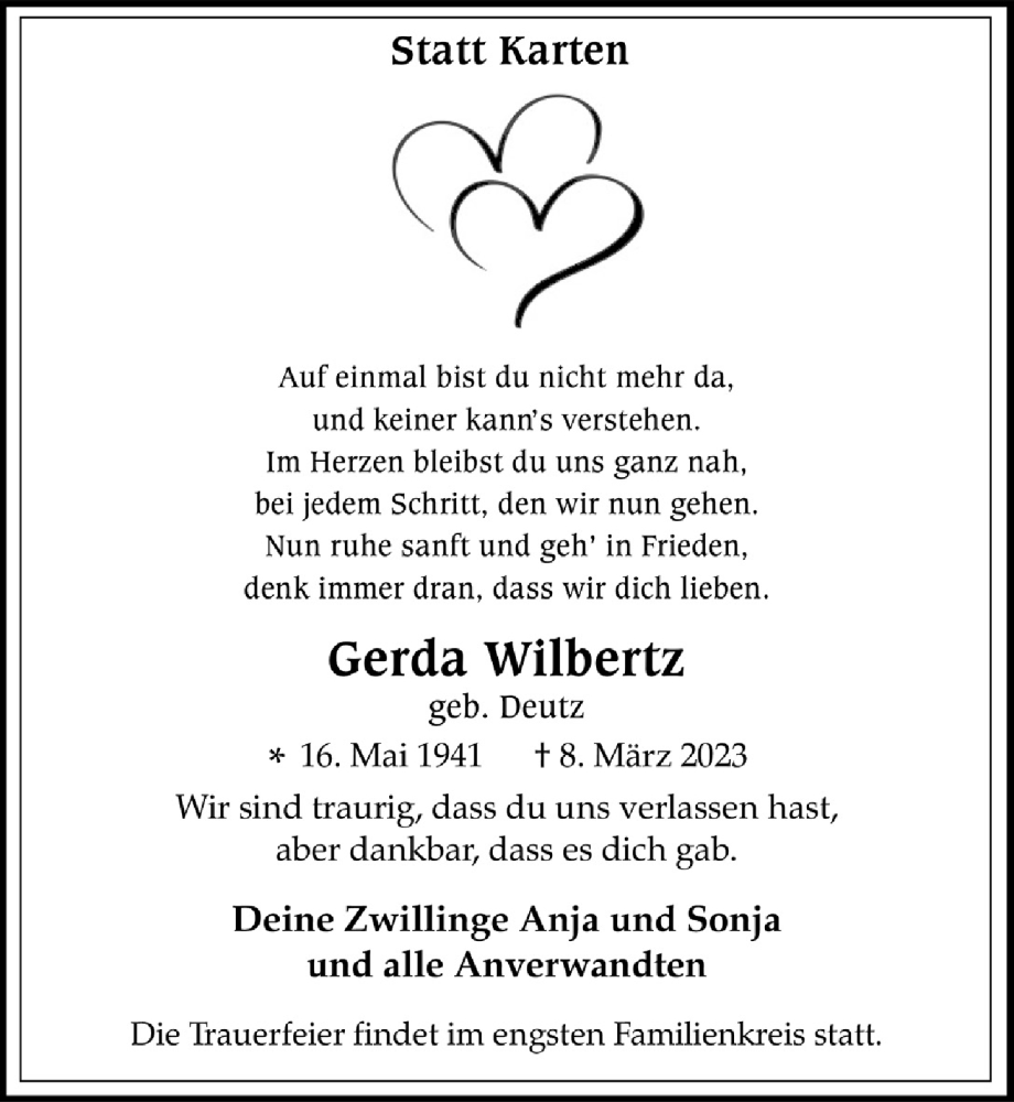  Traueranzeige für Gerda Wilbertz vom 24.03.2023 aus  Werbepost 
