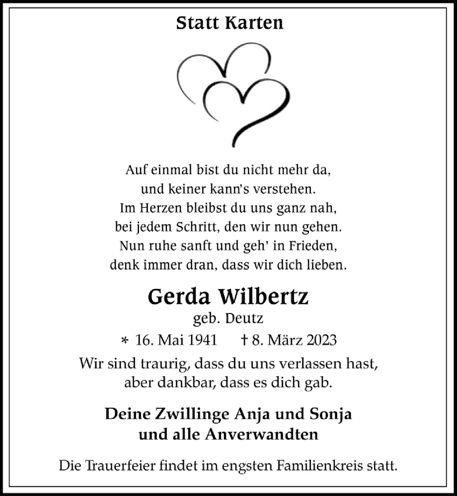  Traueranzeige für Gerda Wilbertz vom 18.07.2023 aus  Werbepost 