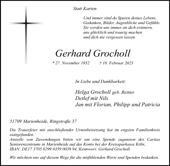 Anzeige von Gerhard Grocholl von Kölner Stadt-Anzeiger / Kölnische Rundschau / Express
