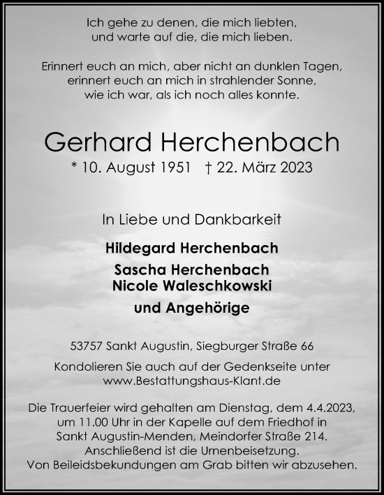 Anzeige von Gerhard Herchenbach von Kölner Stadt-Anzeiger / Kölnische Rundschau / Express