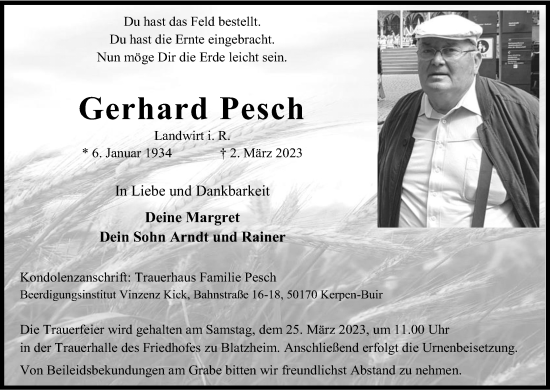 Anzeige von Gerhard Pesch von Kölner Stadt-Anzeiger / Kölnische Rundschau / Express