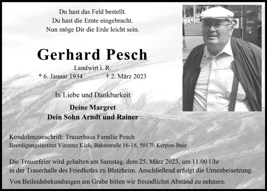 Anzeige von Gerhard Pesch von  Werbepost 