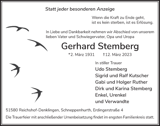 Anzeige von Gerhard Stemberg von  Lokalanzeiger 
