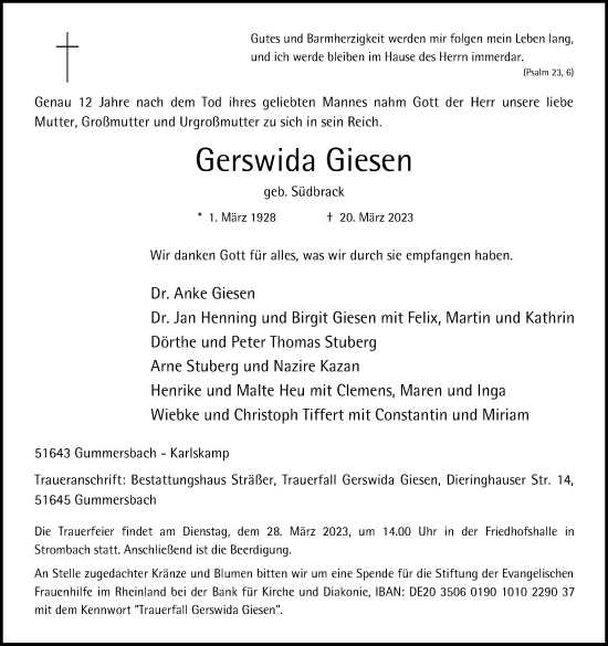 Anzeige von Gerswida Giesen von Kölner Stadt-Anzeiger / Kölnische Rundschau / Express