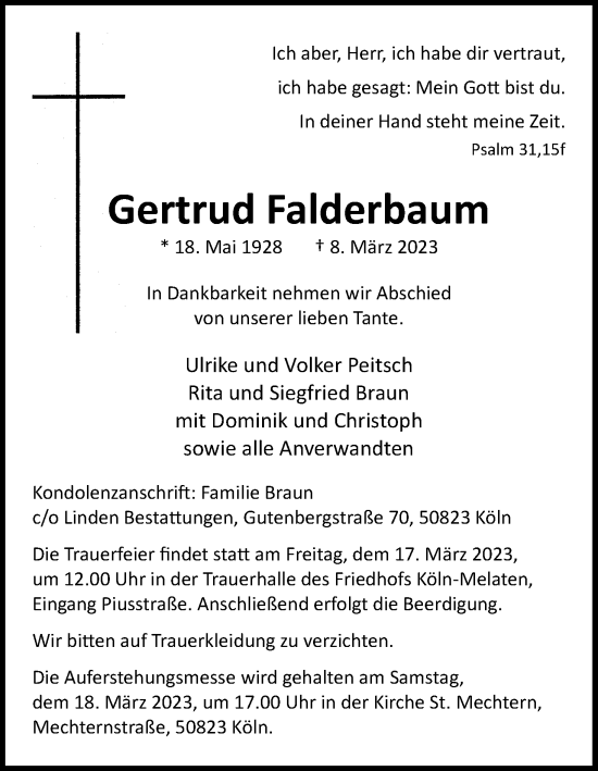 Anzeige von Gertrud Falderbaum von Kölner Stadt-Anzeiger / Kölnische Rundschau / Express