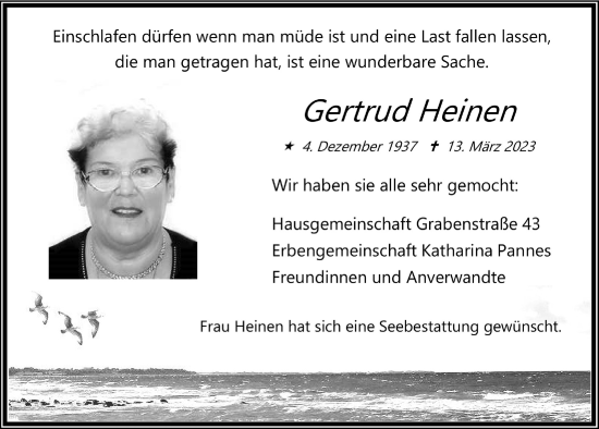 Anzeige von Gertrud Heinen von  Wochenende 