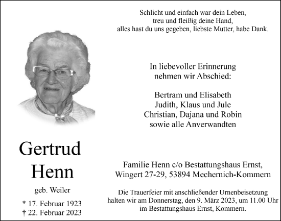 Anzeige von Gertrud Henn von  Blickpunkt Euskirchen 