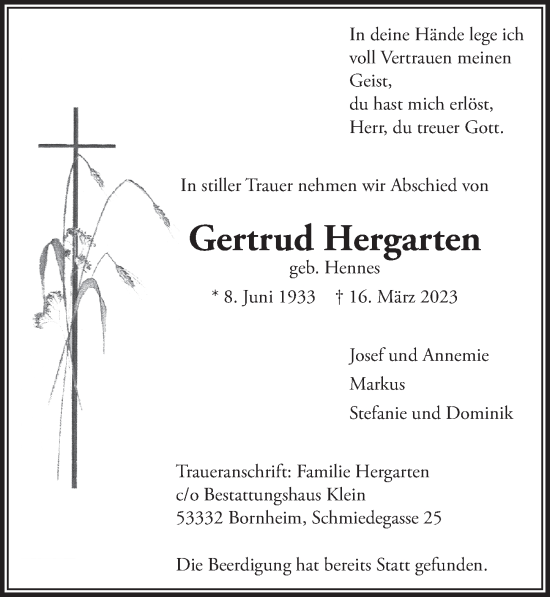 Anzeige von Gertrud Hergarten von  Schaufenster/Blickpunkt 