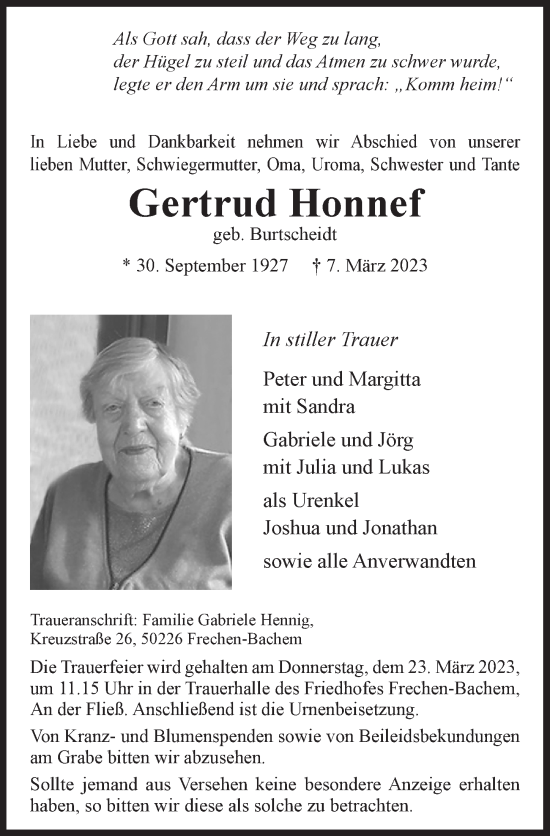 Anzeige von Gertrud Honnef von  Wochenende 