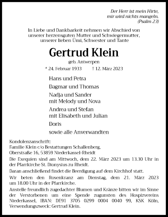 Anzeige von Gertrud Klein von Kölner Stadt-Anzeiger / Kölnische Rundschau / Express
