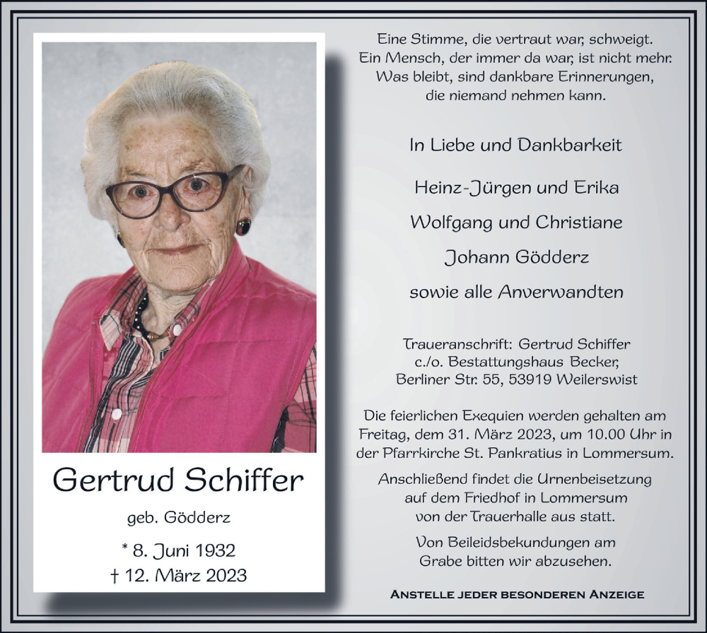  Traueranzeige für Gertrud Schiffer vom 18.03.2023 aus  Blickpunkt Euskirchen 