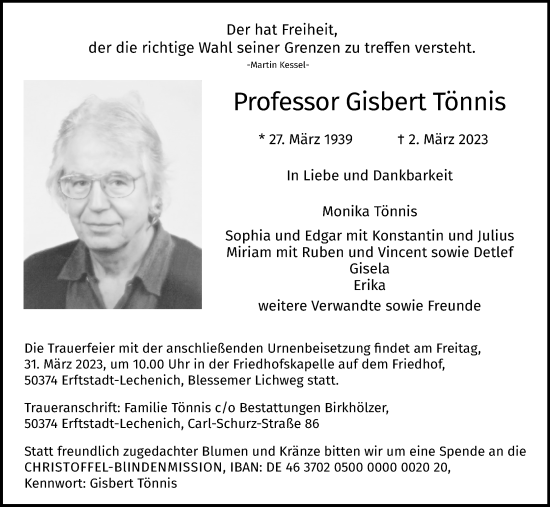 Anzeige von Gisbert Tönnis von Kölner Stadt-Anzeiger / Kölnische Rundschau / Express