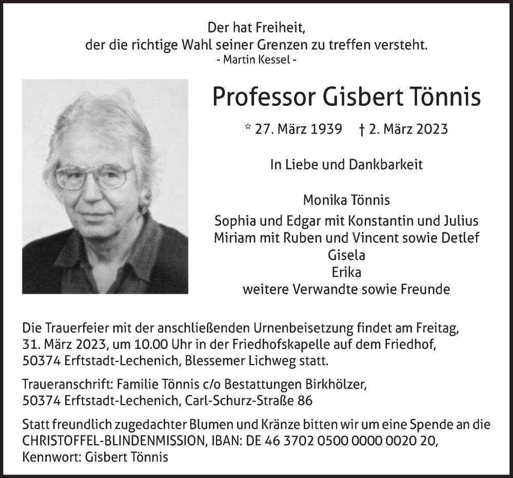  Traueranzeige für Gisbert Tönnis vom 24.03.2023 aus  Werbepost 