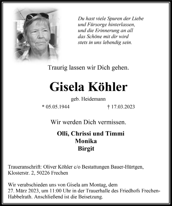 Anzeige von Gisela Köhler von  Wochenende 
