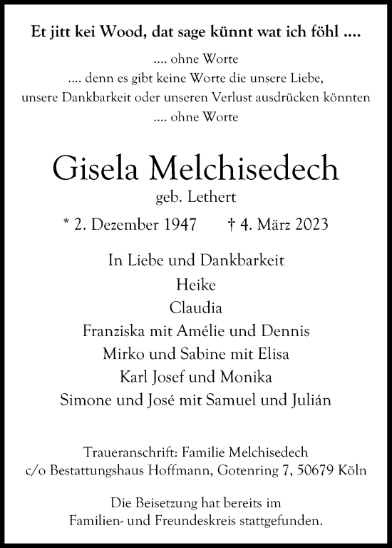 Anzeige von Gisela Melchisedech von Kölner Stadt-Anzeiger / Kölnische Rundschau / Express