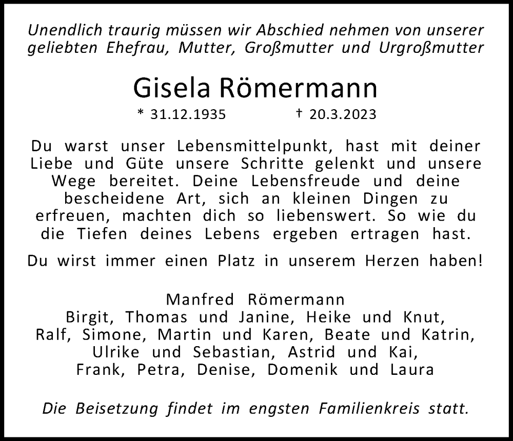  Traueranzeige für Gisela Römermann vom 25.03.2023 aus Kölner Stadt-Anzeiger / Kölnische Rundschau / Express