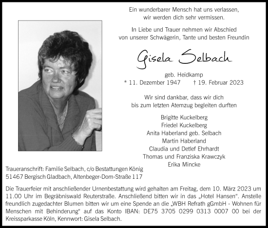 Anzeige von Gisela Selbach von Kölner Stadt-Anzeiger / Kölnische Rundschau / Express