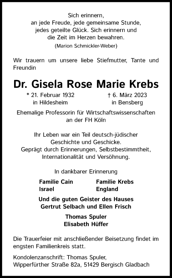 Anzeige von Gisela Rose Marie Krebs von Kölner Stadt-Anzeiger / Kölnische Rundschau / Express