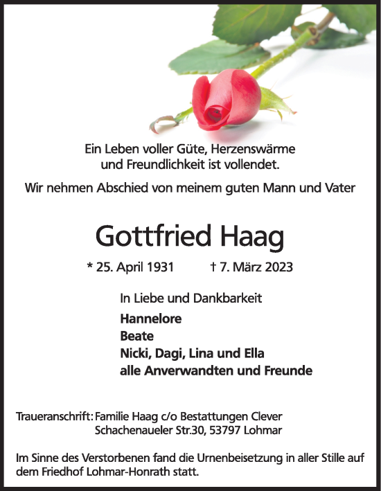 Anzeige von Gottfried Haag von Kölner Stadt-Anzeiger / Kölnische Rundschau / Express