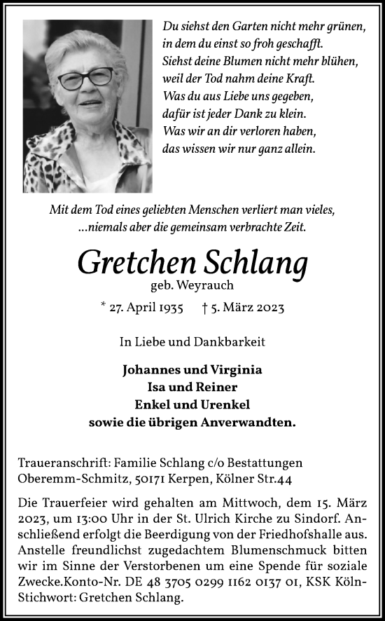 Anzeige von Gretchen Schlang von Kölner Stadt-Anzeiger / Kölnische Rundschau / Express