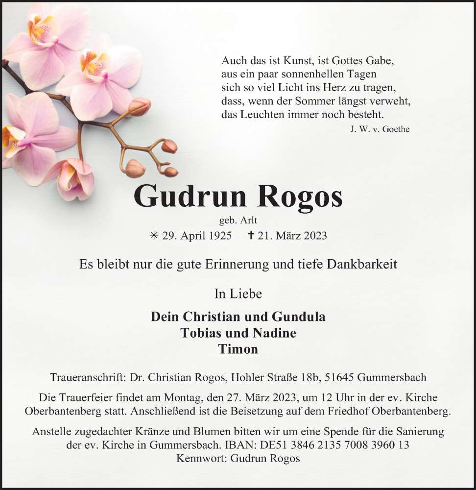  Traueranzeige für Gudrun Rogos vom 25.03.2023 aus Kölner Stadt-Anzeiger / Kölnische Rundschau / Express