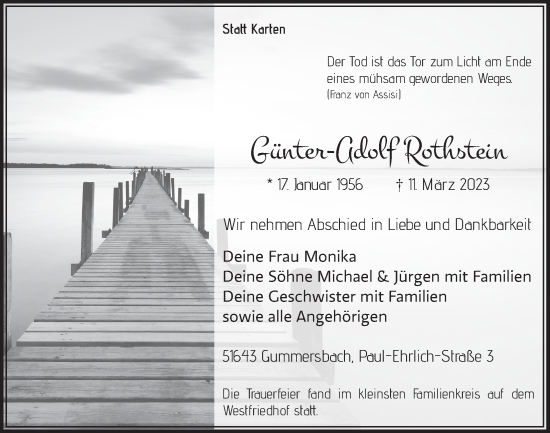 Anzeige von Günter-Adolf Rothstein von  Anzeigen Echo 