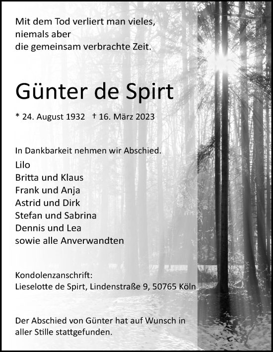 Anzeige von Günter de Spirt von Kölner Stadt-Anzeiger / Kölnische Rundschau / Express