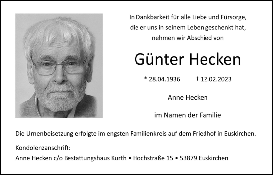 Anzeige von Günter Hecken von  Blickpunkt Euskirchen 