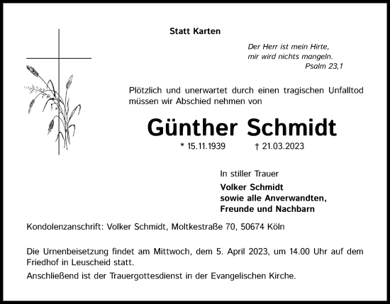 Anzeige von Günther Schmidt von Kölner Stadt-Anzeiger / Kölnische Rundschau / Express