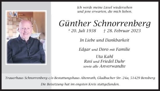 Anzeige von Günther Schnorrenberg von Kölner Stadt-Anzeiger / Kölnische Rundschau / Express