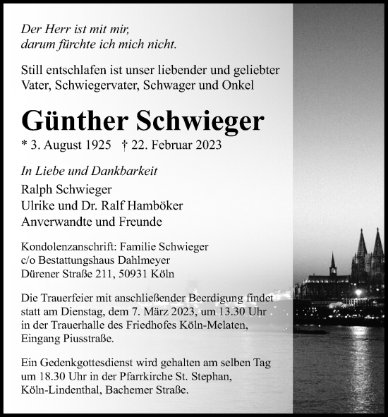 Anzeige von Günther Schwieger von Kölner Stadt-Anzeiger / Kölnische Rundschau / Express