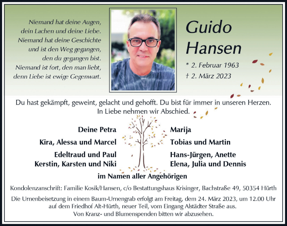  Traueranzeige für Guido Hansen vom 17.03.2023 aus  Wochenende 