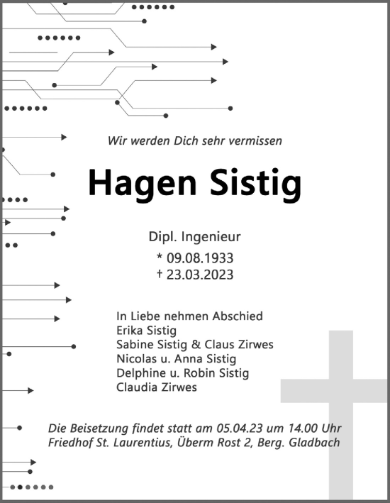 Anzeige von Hagen Sistig von Kölner Stadt-Anzeiger / Kölnische Rundschau / Express