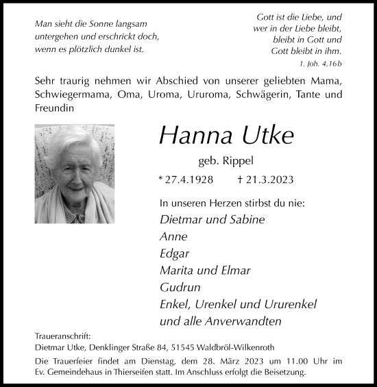 Anzeige von Hanna Utke von Kölner Stadt-Anzeiger / Kölnische Rundschau / Express