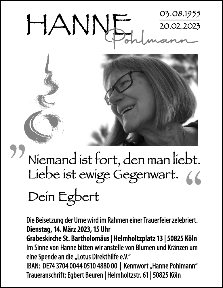  Traueranzeige für Hanne Pohlmann vom 04.03.2023 aus Kölner Stadt-Anzeiger / Kölnische Rundschau / Express