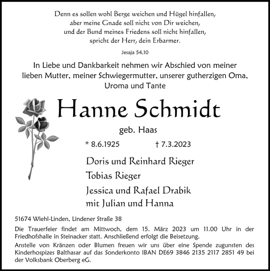 Anzeige von Hanne Schmidt von  Anzeigen Echo 
