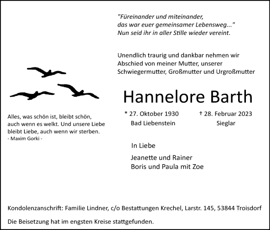 Anzeige von Hannelore Barth von Kölner Stadt-Anzeiger / Kölnische Rundschau / Express
