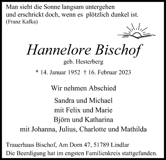 Anzeige von Hannelore Bischof von Kölner Stadt-Anzeiger / Kölnische Rundschau / Express