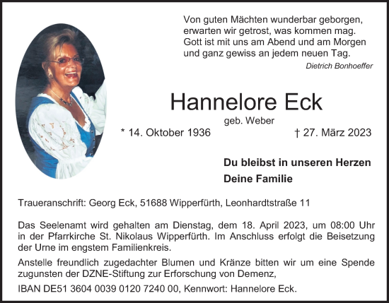 Anzeige von Hannelore Eck von Kölner Stadt-Anzeiger / Kölnische Rundschau / Express