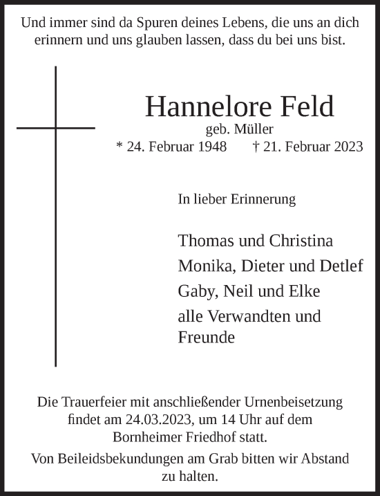 Anzeige von Hannelore Feld von  Schaufenster/Blickpunkt 