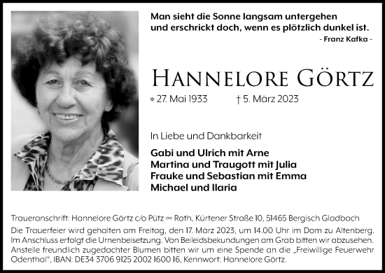 Anzeige von Hannelore Görtz von Kölner Stadt-Anzeiger / Kölnische Rundschau / Express
