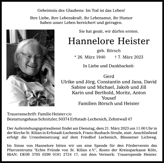 Anzeige von Hannelore Heister von Kölner Stadt-Anzeiger / Kölnische Rundschau / Express