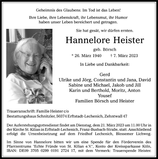 Anzeige von Hannelore Heister von  Werbepost 