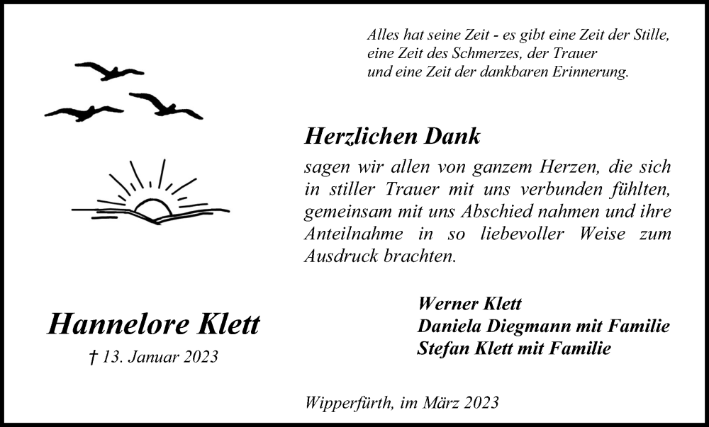  Traueranzeige für Hannelore Klett vom 18.03.2023 aus Kölner Stadt-Anzeiger / Kölnische Rundschau / Express