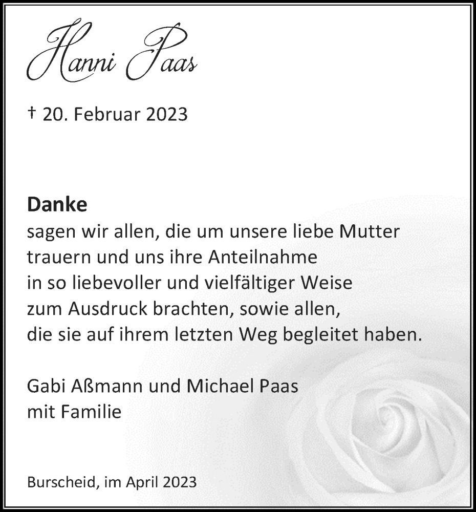  Traueranzeige für Hanni Paas vom 01.04.2023 aus Kölner Stadt-Anzeiger / Kölnische Rundschau / Express