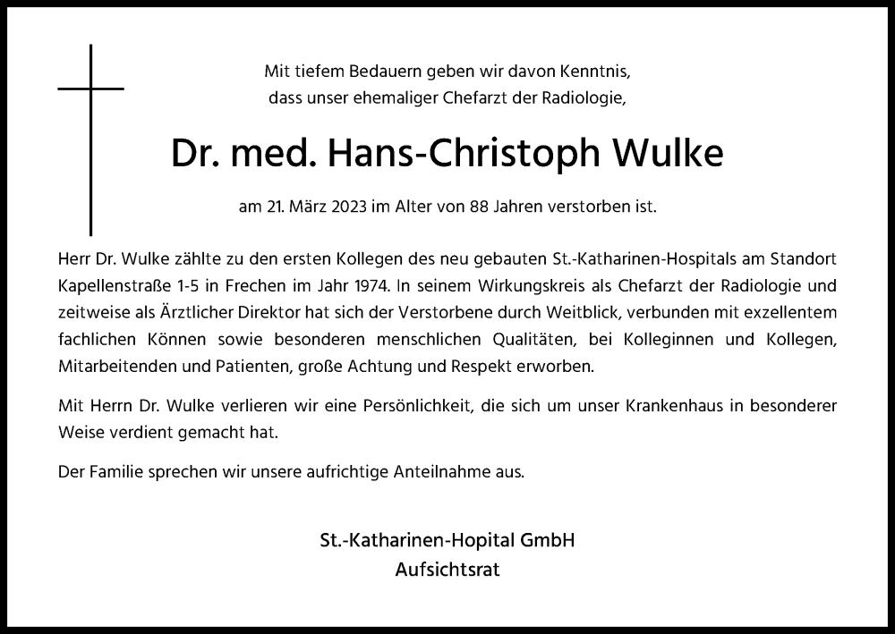  Traueranzeige für Hans-Christoph Wulke vom 01.04.2023 aus Kölner Stadt-Anzeiger / Kölnische Rundschau / Express