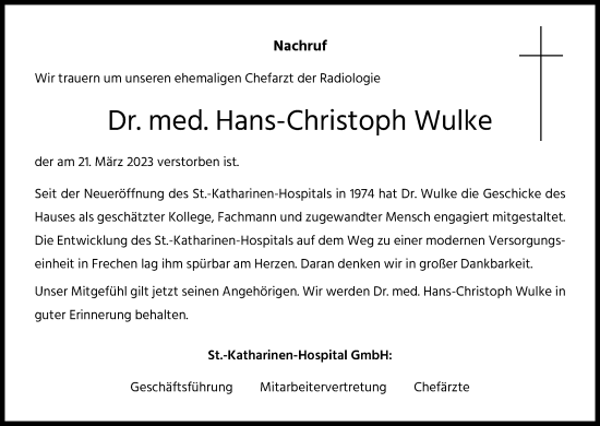 Anzeige von Hans-Christoph Wulke von Kölner Stadt-Anzeiger / Kölnische Rundschau / Express