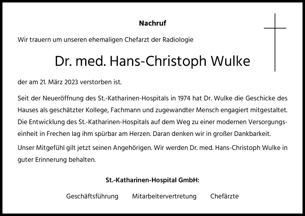  Traueranzeige für Hans-Christoph Wulke vom 01.04.2023 aus Kölner Stadt-Anzeiger / Kölnische Rundschau / Express