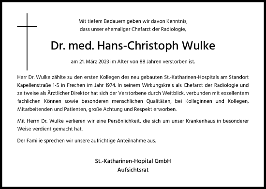 Anzeige von Hans-Christoph Wulke von Kölner Stadt-Anzeiger / Kölnische Rundschau / Express