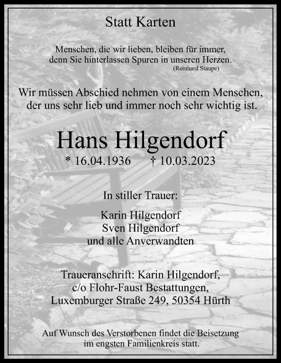 Anzeige von Hans Hilgendorf von Kölner Stadt-Anzeiger / Kölnische Rundschau / Express